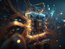 Technological background of the orange and blue technology image circuit board and html code. Can be used in the description of technological processes, science, education. 3d rendering. Generative AI photo