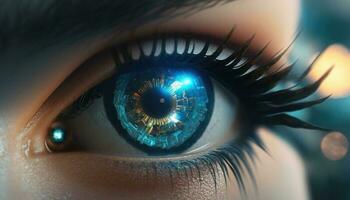 Close-up portrait of young and beautiful woman with the virtual hologram on her eyes photo