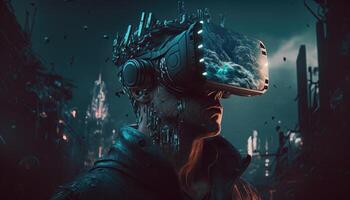 VR and AR technology futuristic concept. Man wearing 3d VR headset glasses looks up in cyberspace of metaverse. photo