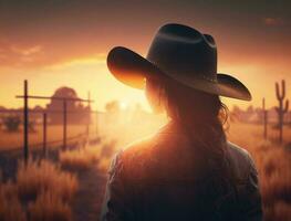 hermosa mujer en vaquero salvaje Oeste estilo, vaquero sombrero y pantalones chaqueta, Moda retrato foto sesión, publicidad, agrícola campo, calentar y naranja colores en el puesta de sol cielo. generativo ai