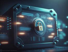 Padlock With Keyhole icon in personal data security Illustrates cyber data or information privacy idea. blue color abstract hi speed internet technology. photo