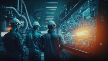 Professionals Workers in Heavy Industry Manufacturing Factory that is Digitalized with Graphics into Digital Twin of Industry 4.0 High Tech. photo