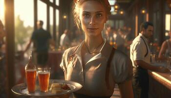 Cheerful young waitress holding tray, smiling happy, looking at camera. Happy waitress wearing apron, holding tray, working in cafeteria or restaurant. photo
