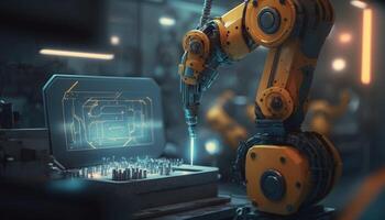 Industry 4.0 Robot concept .Engineers use laptop computers for machine maintenance, automation tools, robot arm at the factory. photo