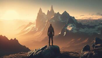 A person standing at the top of a mountain, overlooking a breathtaking landscape, sunny summer morning. photo
