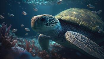 Underwater wildlife with animals, Divers adventures in Maldives. Sea turtle floating over beautiful natural ocean background. Coral reef lit with sunlight trough water surface. photo