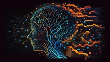 Circuit board in shape electronic brain. Symbol of computer neural networks or artificial intelligence in neon cyberspace with glowing title on palm scientist. photo