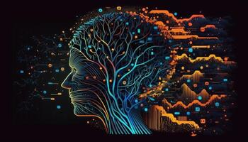 circuito tablero en forma electrónico cerebro. símbolo de computadora neural redes o artificial inteligencia en neón ciberespacio con brillante título en palma científico. generativo ai foto