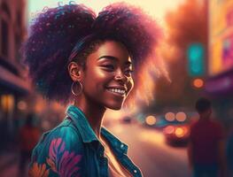 Happy African young woman laughing looking at camera standing on street. Smiling Afro American teen generation z hipster girl posing outdoor backlit with sunlight, portrait. photo