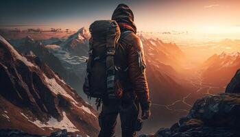 A person standing at the top of a mountain, overlooking a breathtaking landscape, sunny summer morning. photo