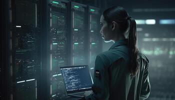 Server Farm Cloud Computing Specialist Facility with Multiethnic Female System Administrator Working with Data Protection Network for Cyber Security. Generative AI photo