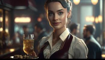 Portrait of cheerful young waitress in white shirt and apron holding tray with glass of wine. photo