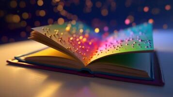3D empty book opened on a colorful bokeh background photo