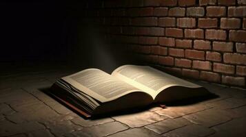 3D empty book opened on a brick wall with a spotlight highlighting the book AI Generated photo