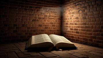 3D empty book opened on a brick wall with a spotlight highlighting the book AI Generated photo