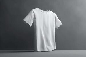 sencillez a sus mejor, 3d vacío blanco camiseta Bosquejo en neutral fondo, 3d hacer ai generado foto