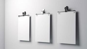 Clean and simple blank 3D posters with clips on a white background photo