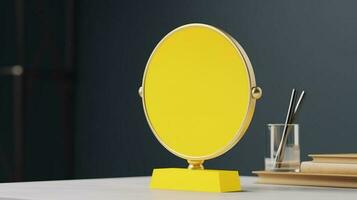 crear un alegre marca Mira con esta soleado amarillo mesa firmar poseedor Bosquejo. ai generado foto