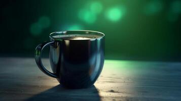A black coffee mug floating against a green gradient 3D product display background. Empty interior. photo