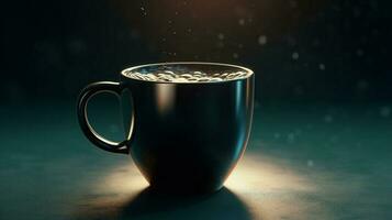 A black coffee mug flying in 3D product display with gradient background and empty interior. AI Generated photo