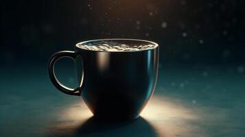A black coffee mug flying in 3D product display with gradient background and empty interior. photo