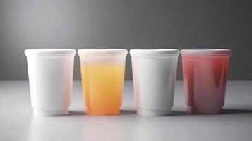 An empty white background provides a clean and minimalist look for this juice cups mockup photo