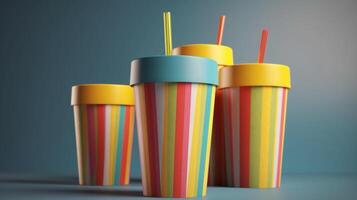 Create a fun and playful branding look with this empty juice cups mockup in multi-colored stripes photo