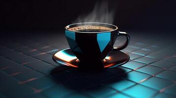 A black coffee mug flying in a 3D product display with a gradient background and empty interior. photo