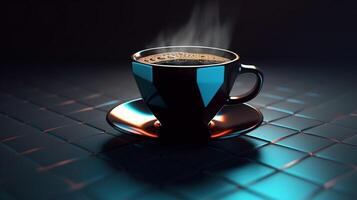 A black coffee mug flying in a 3D product display with a gradient background and empty interior. AI Generated photo