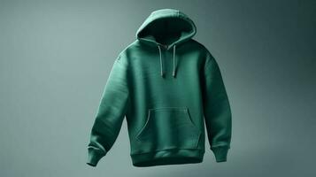 A plain 3D hoodie mockup in green color, with no design, on a white background AI Generated photo