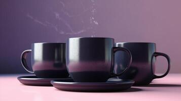 3D rendered coffee mug set against light purple gradient background, creating a stunning display. photo