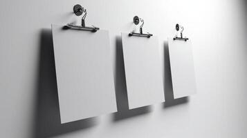 Clean and simple blank 3D posters with clips on a white background photo