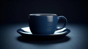 Empty mug levitating in 3D product display against dark blue background. photo