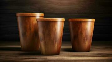 An empty wooden background adds a natural and rustic touch to this juice cups mockup AI Generated photo