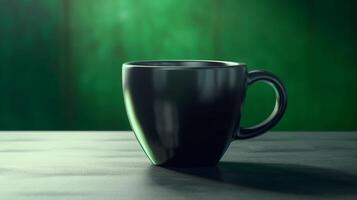A black coffee mug floating against a green gradient 3D product display background. Empty interior. photo