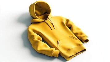 Empty 3D hoodie mockup, in yellow color, with no print or design, on a white background AI Generated photo