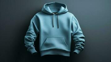 Hoodie mockup, empty, with a blue color, and 3D design, isolated on a white background AI Generated photo
