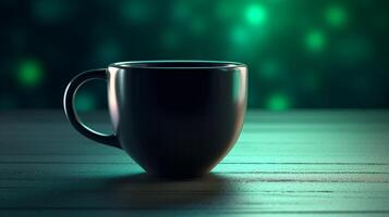 A black coffee mug floating against a green gradient 3D product display background. Empty interior. photo