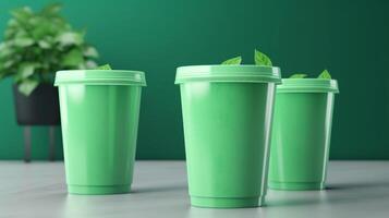 Create a refreshing and invigorating look with this empty juice cups mockup in bright green AI Generated photo