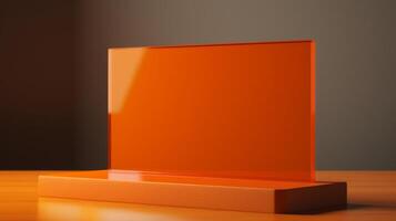 Create a fun and playful look with this blank tabletop sign holder mockup in vibrant orange AI Generated photo