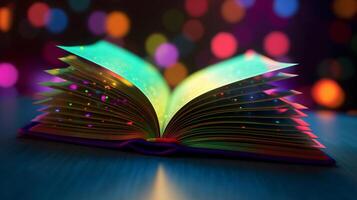 3D empty book opened on a colorful bokeh background photo