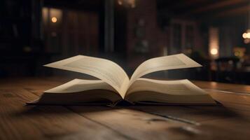 Opened 3D empty book on a wooden table with blurred background photo