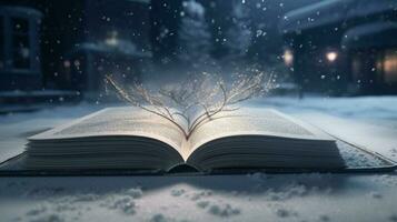 3d vacío libro abrió en un Nevado superficie con copos de nieve en el antecedentes ai generado foto