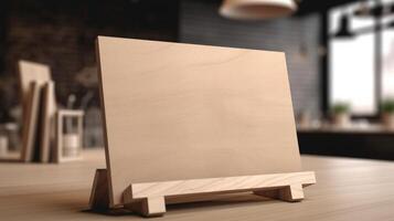 Create a cozy and warm look with this blank tabletop sign holder mockup in soft brown photo