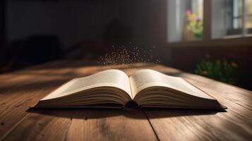 Opened 3D empty book on a wooden table with blurred background photo