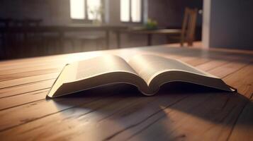Opened 3D empty book on a wooden table with blurred background photo