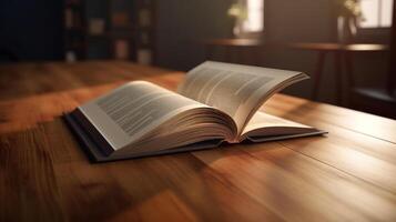 Opened 3D empty book on a wooden table with blurred background photo