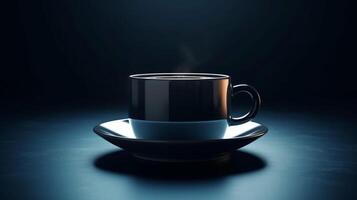 Empty mug levitating in 3D product display against dark blue background. photo