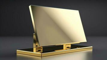 Add a touch of metallic shine to your branding with this blank tabletop sign holder mockup in gold AI Generated photo