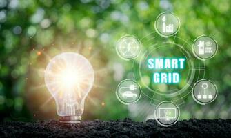 Smart grid concept, Light bulb on soil with smart grid icon on virtual screen. photo